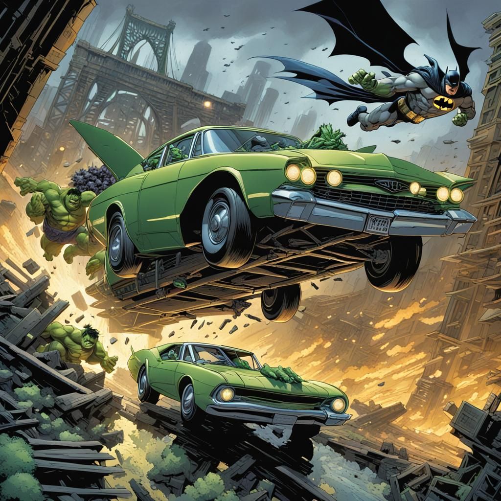 Batman and the Hulk action figures in a heroic car chase.