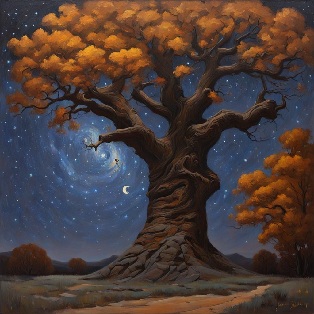 Big Oak Tree with Bat Soaring Under Starry Sky
