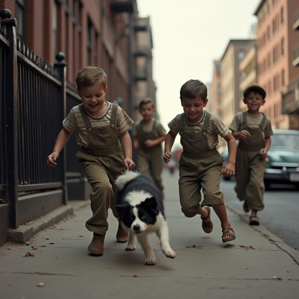 Children Play with Dog on NYC Sidewalk in Great Depression