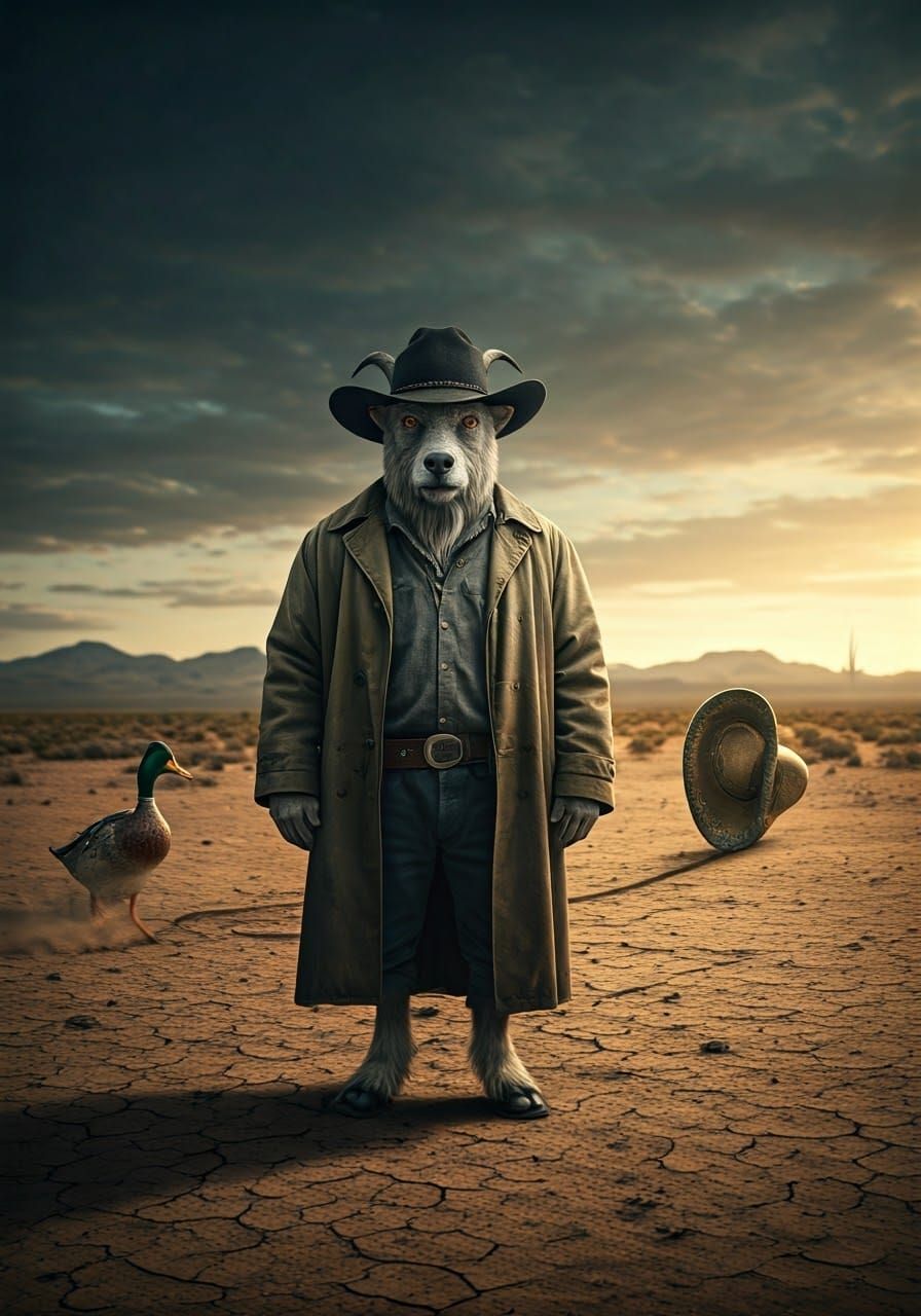 Goat Sheriff Hunts Sombrero Duck in Desert