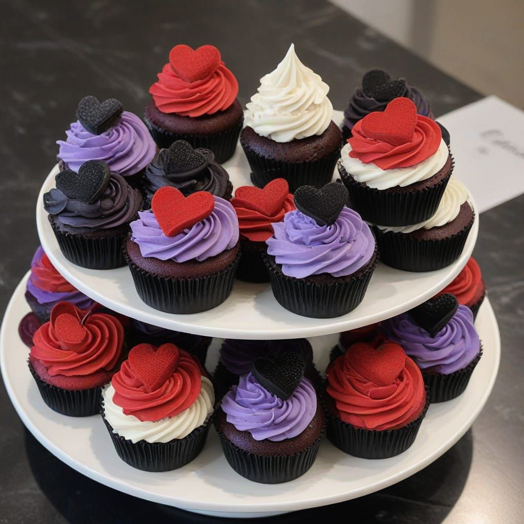 A pastry shop full of heart-shaped red and black velvet cakes and lavender frosted cupcakes. Triadic colors red, black, ...