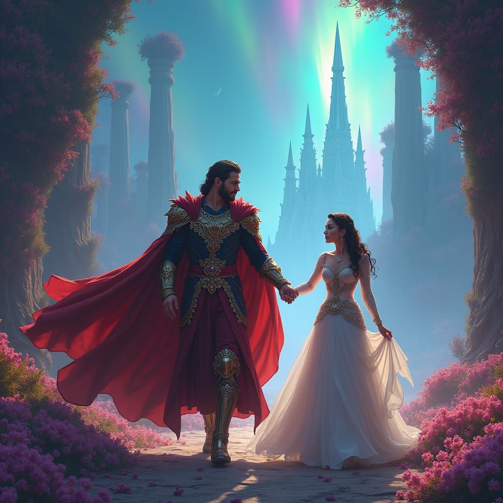 Regal Man and Enchanted Woman in Dreamlike Landscape