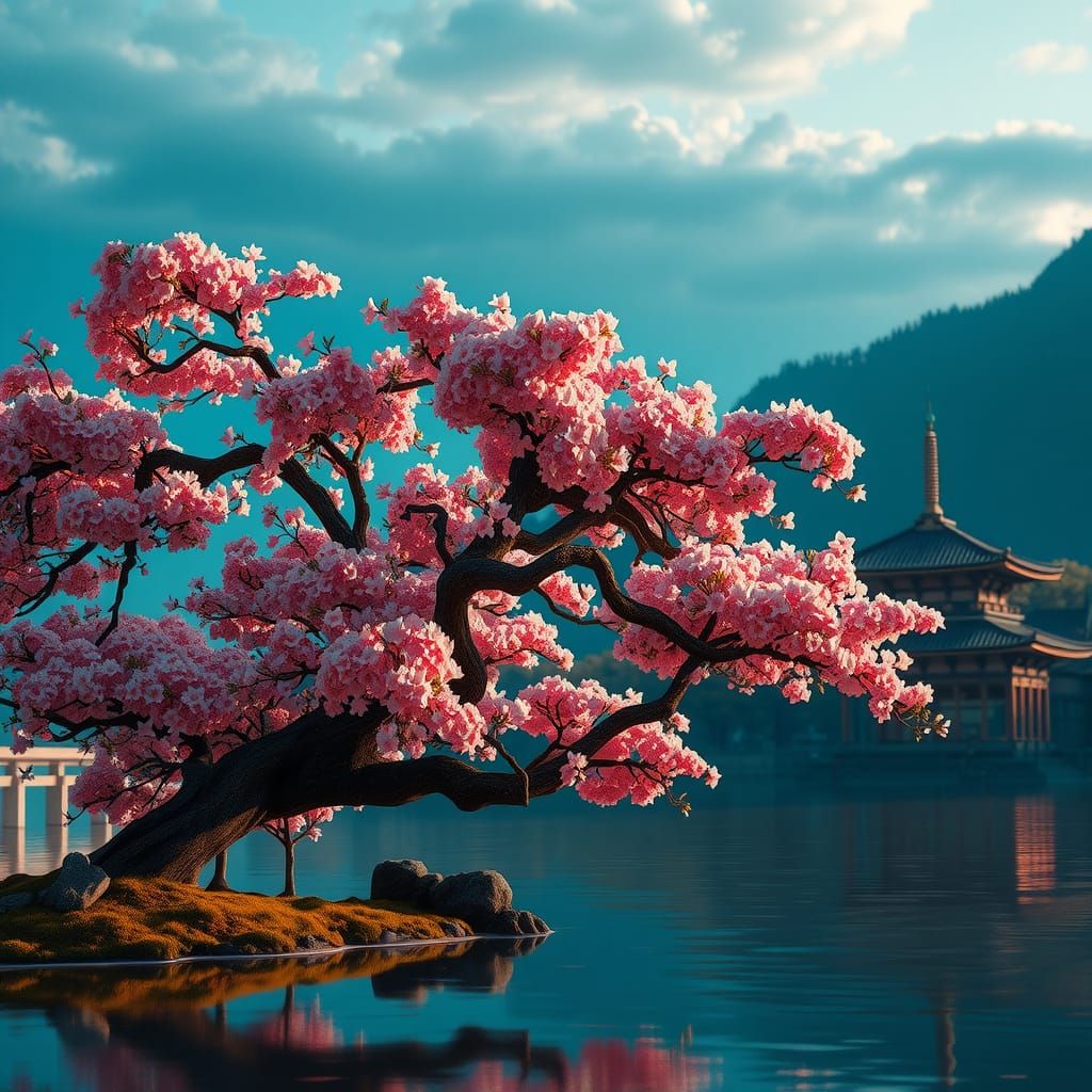 Sakura Tree by Lake, Hyperdetailed Concept Art
