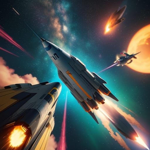 Rocket Ships in Space: Hyperrealistic Splash Art