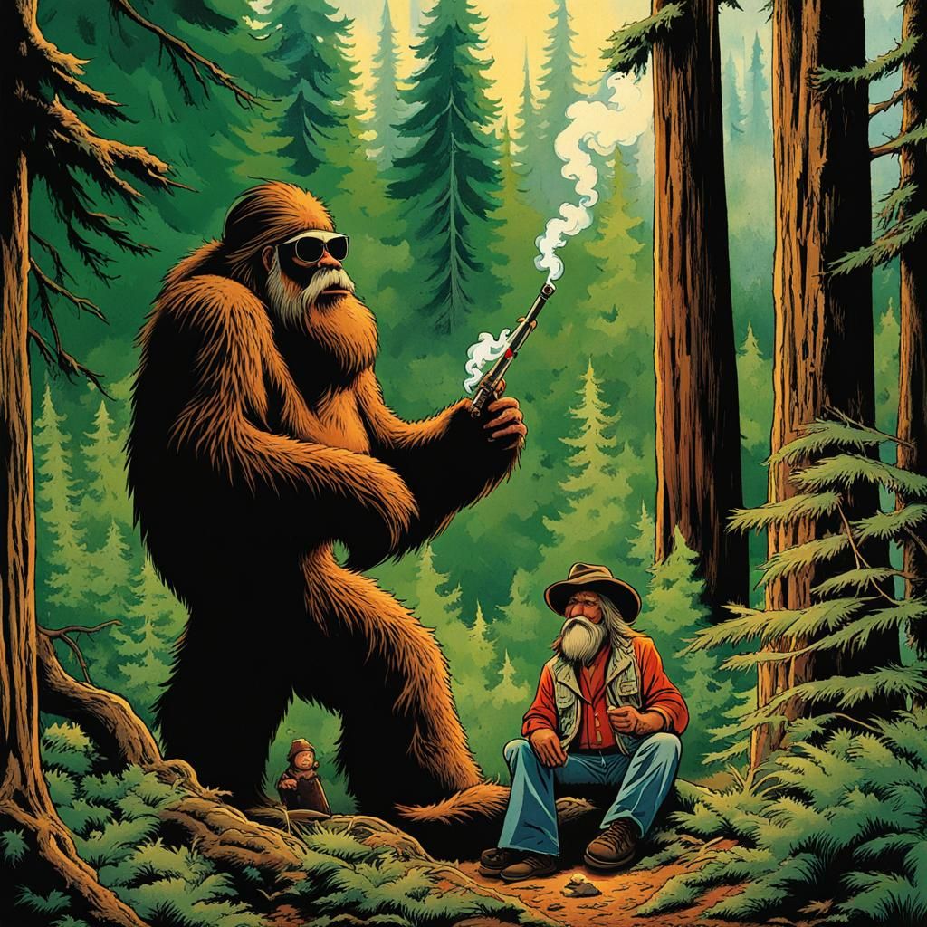 Bigfoot and Willie Nelson Smoking in Forest