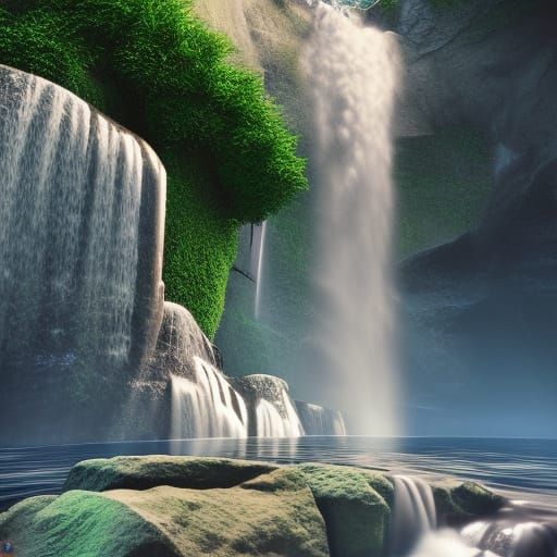 Waterfall and Mountains in 3D Cartoon Style