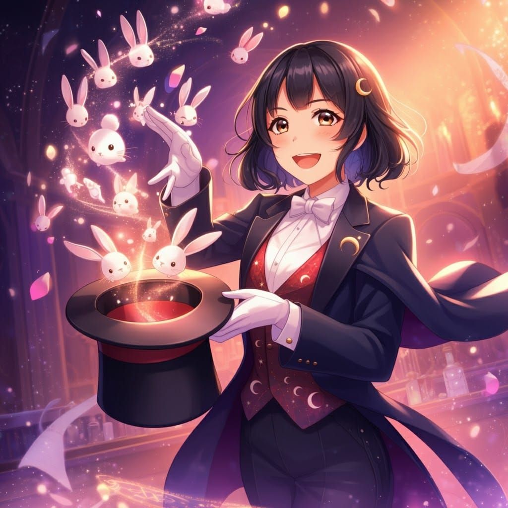 Magician Conjuring Rabbits in Anime Style