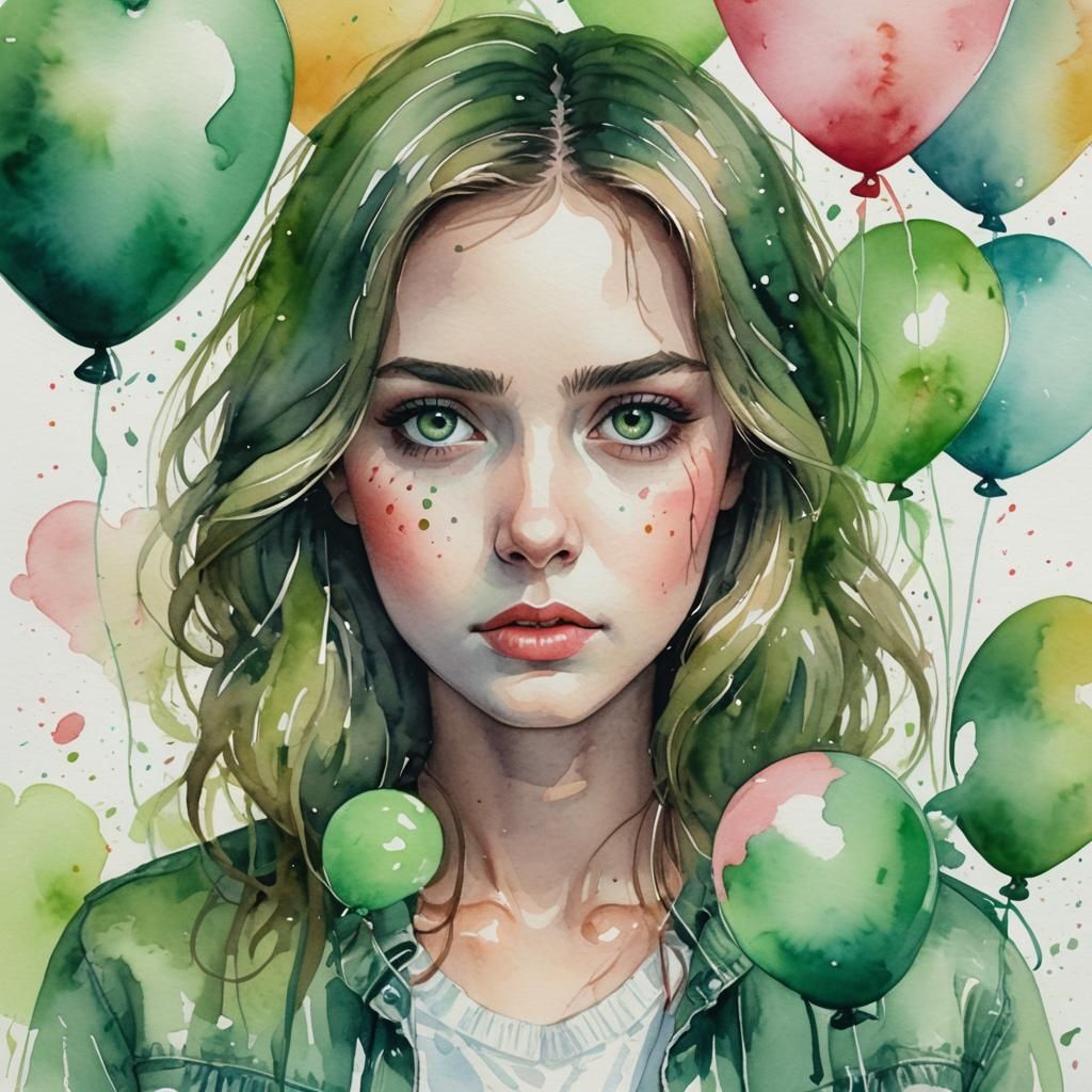 Girl with Broken Heart Balloons in Watercolor Style