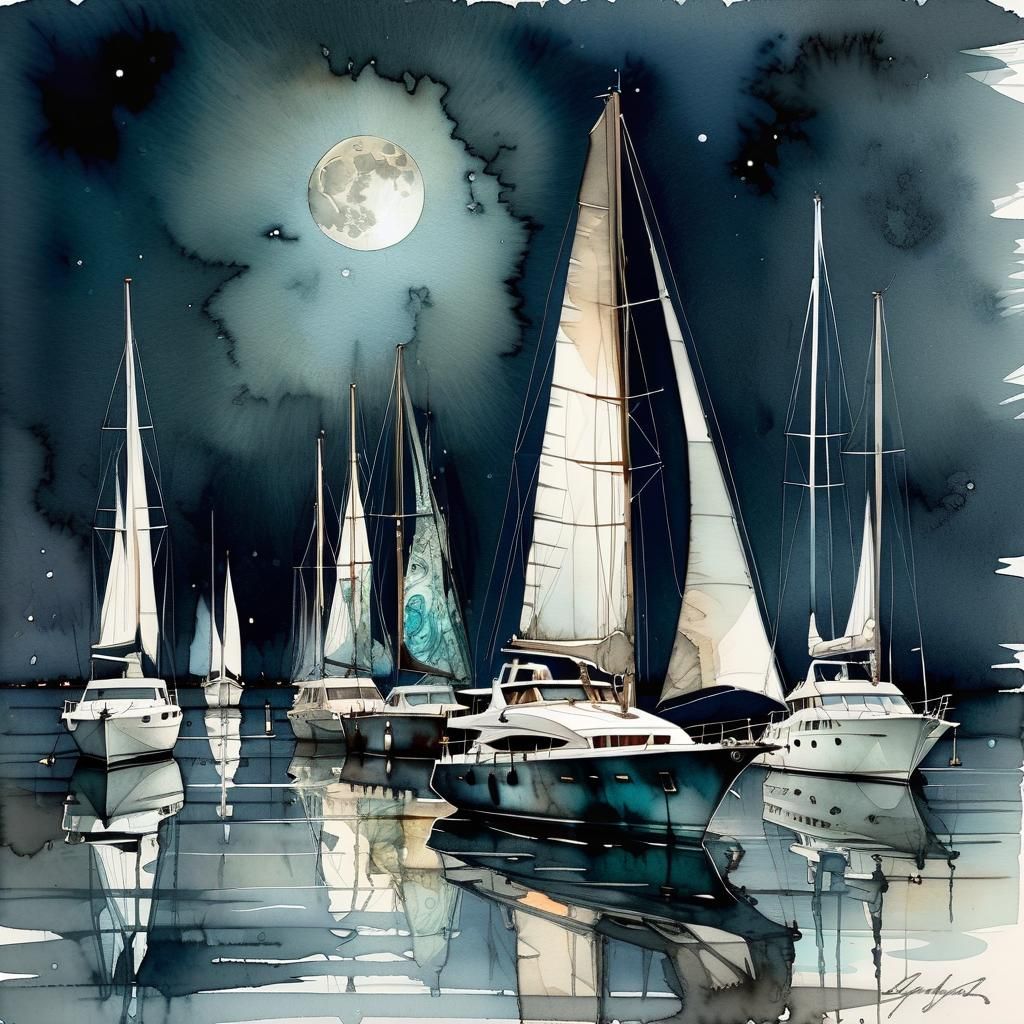 Yachts Silhouetted by Moonlight in Watercolor Style