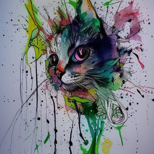 Drippy Watercolour Cat Painting