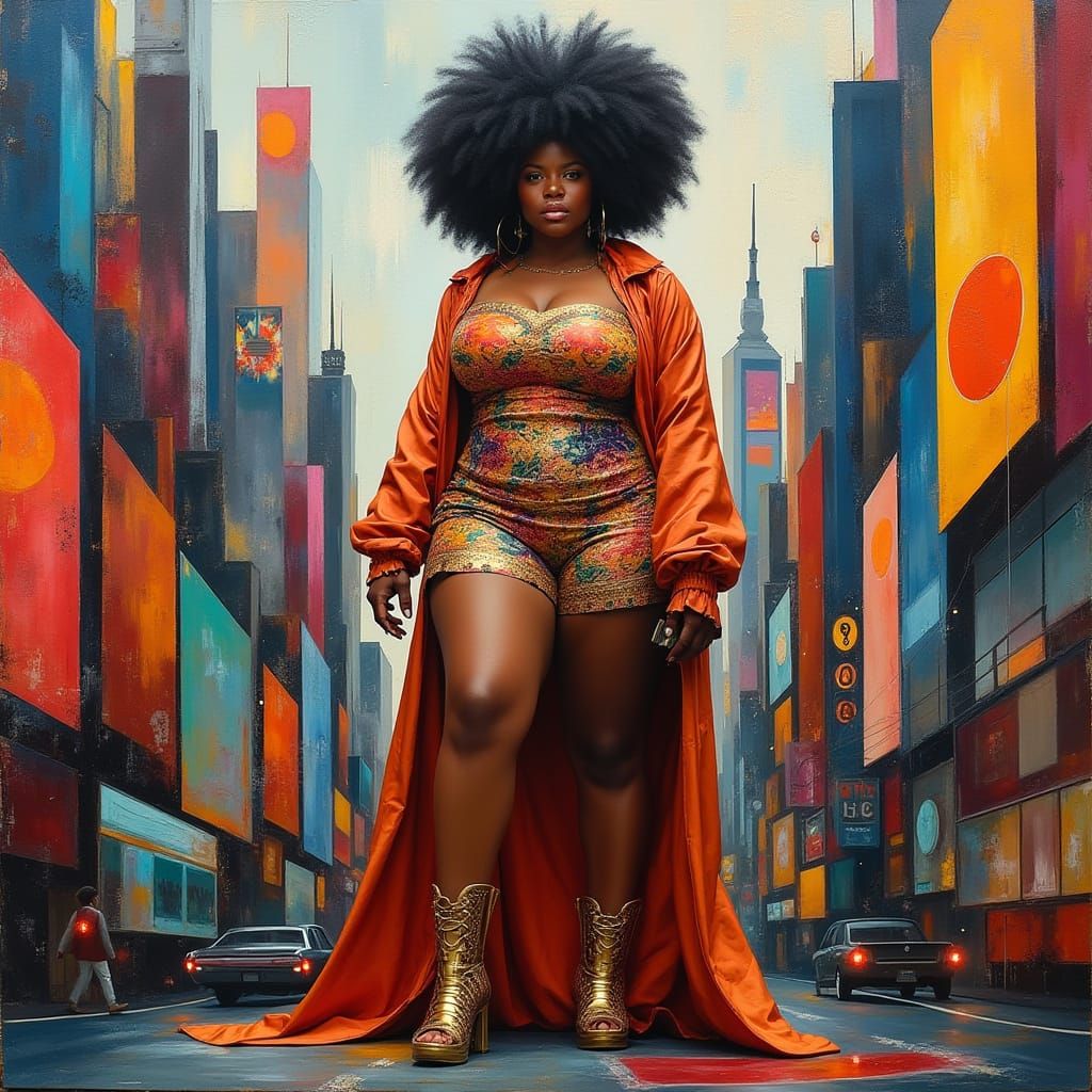 Afrofuturist Woman in Cubist Cityscape