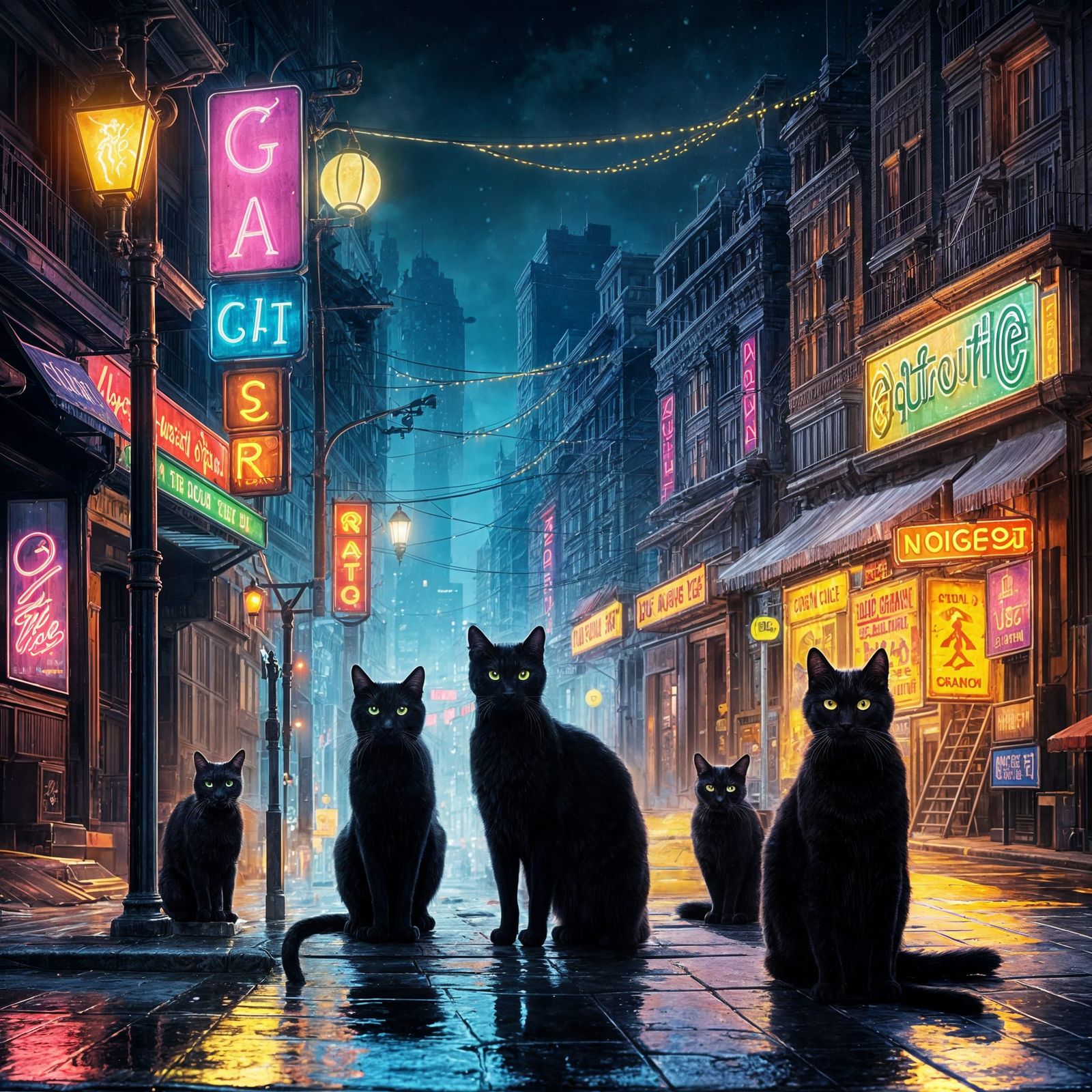 Neon Lit City Street with Black Cats