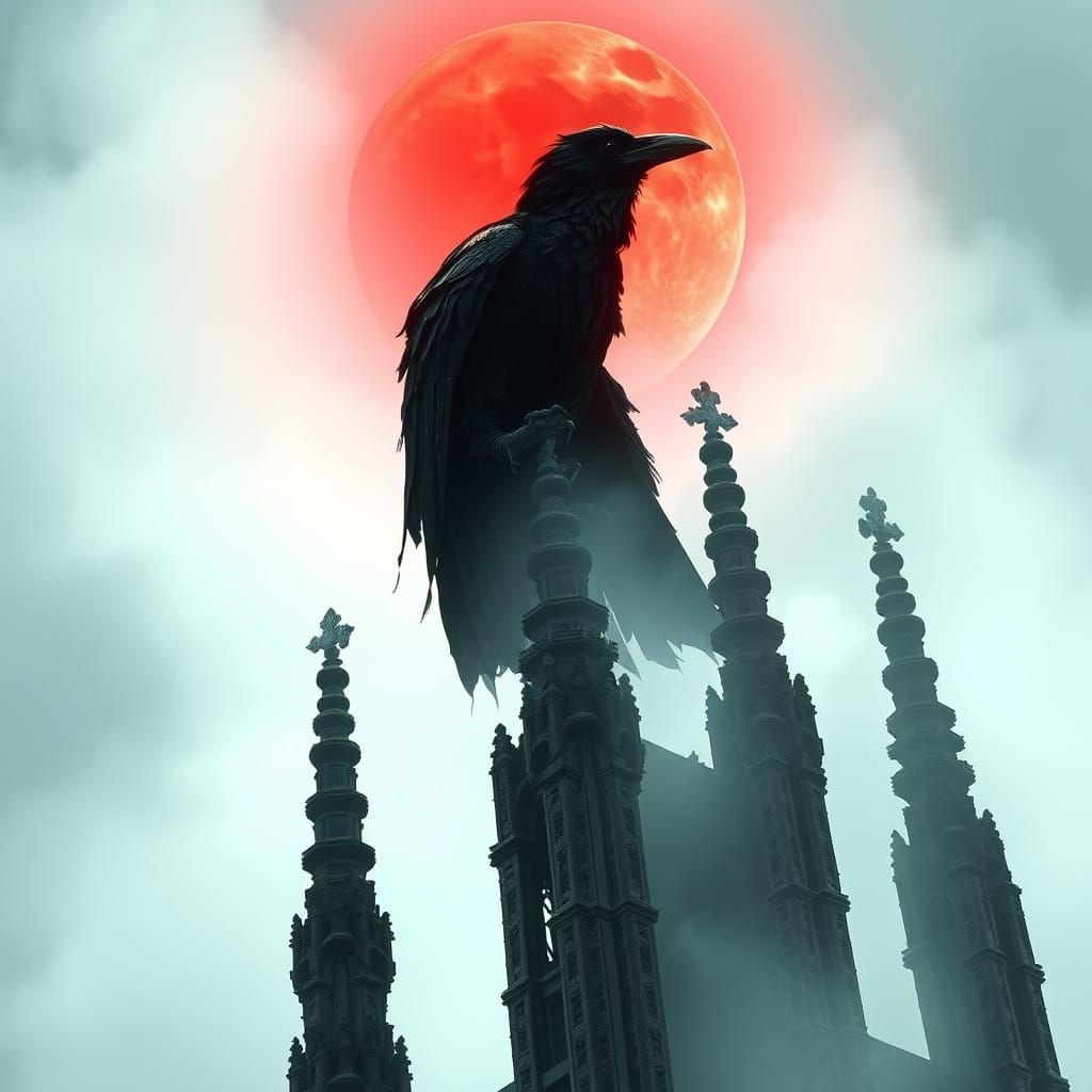 Eerie Raven on Gothic Spire in Digital Art