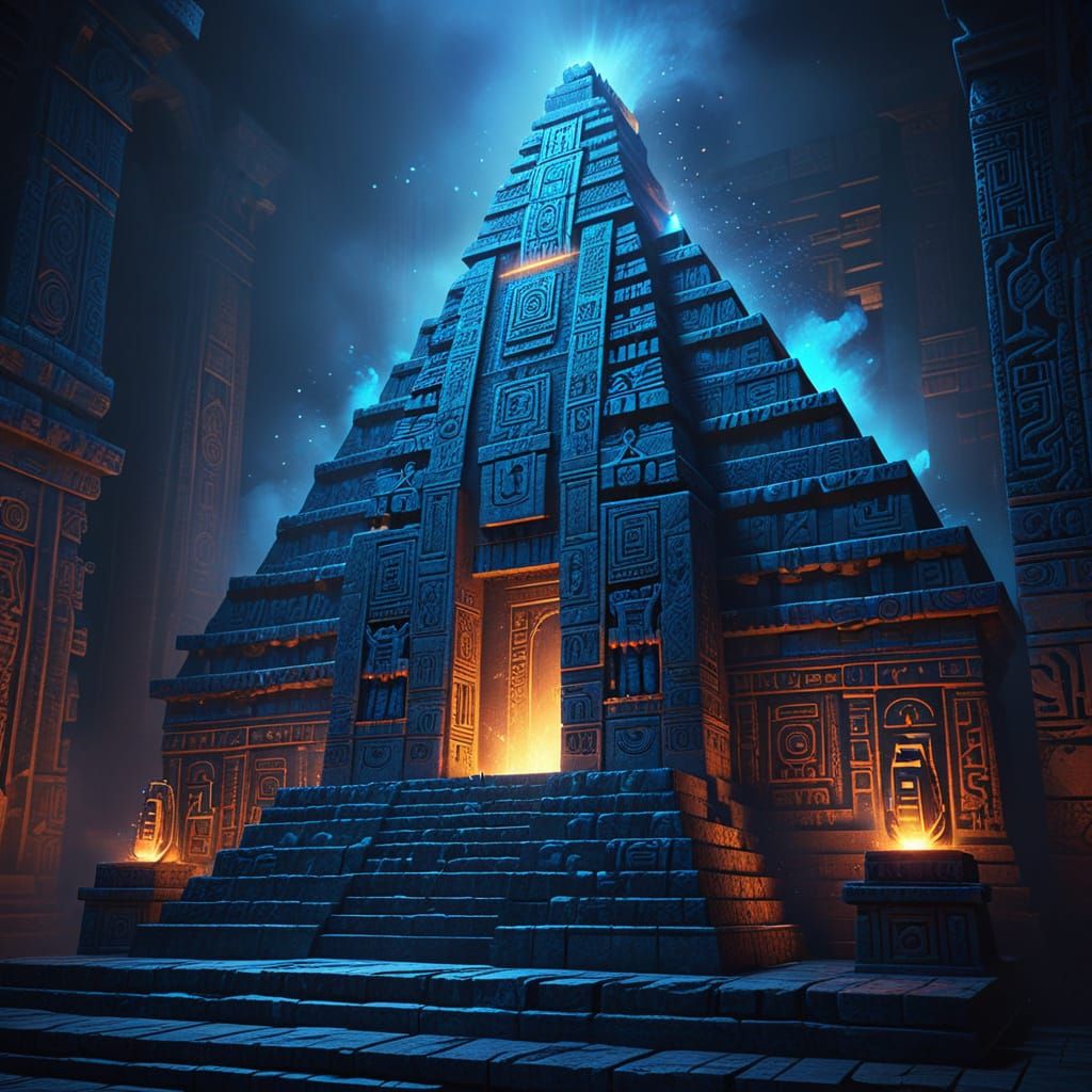 Concept art. an Aztec temple lit by torchlight on a dark bac...