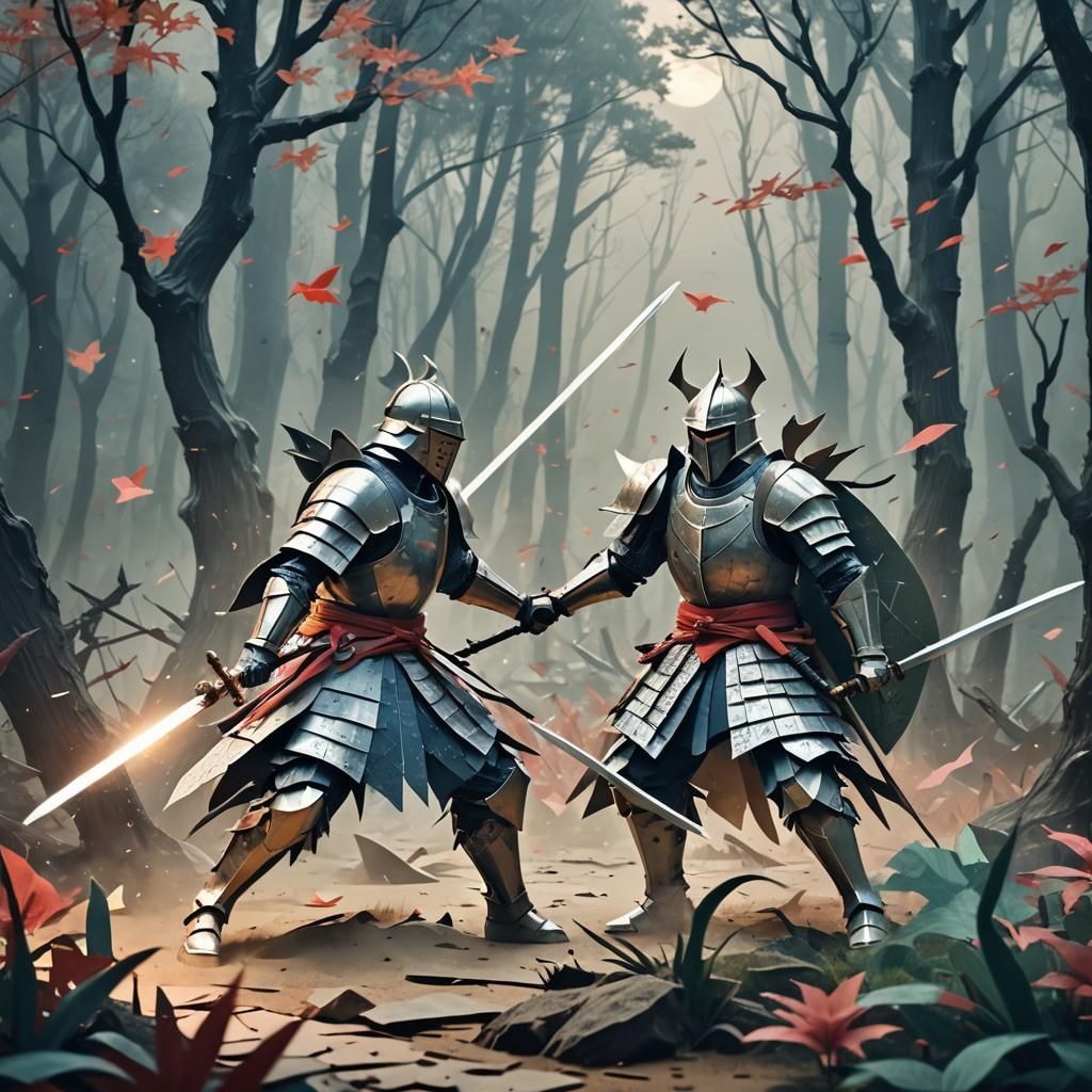 Knight vs Samurai in Origami Papercraft Style