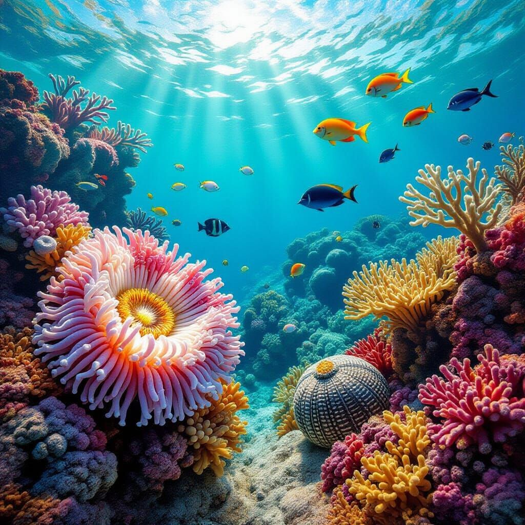 Vibrant Coral Reef with Anemones in Tactile Abstraction