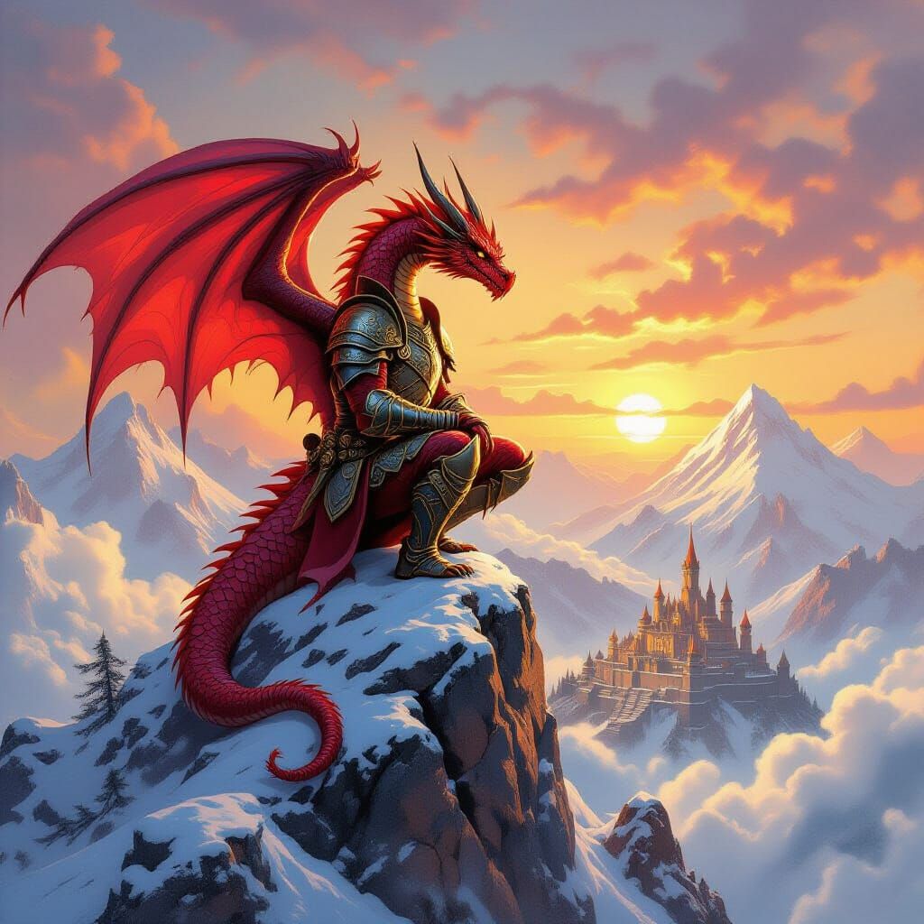 Armored Red Dragon Overlooking Kingdom