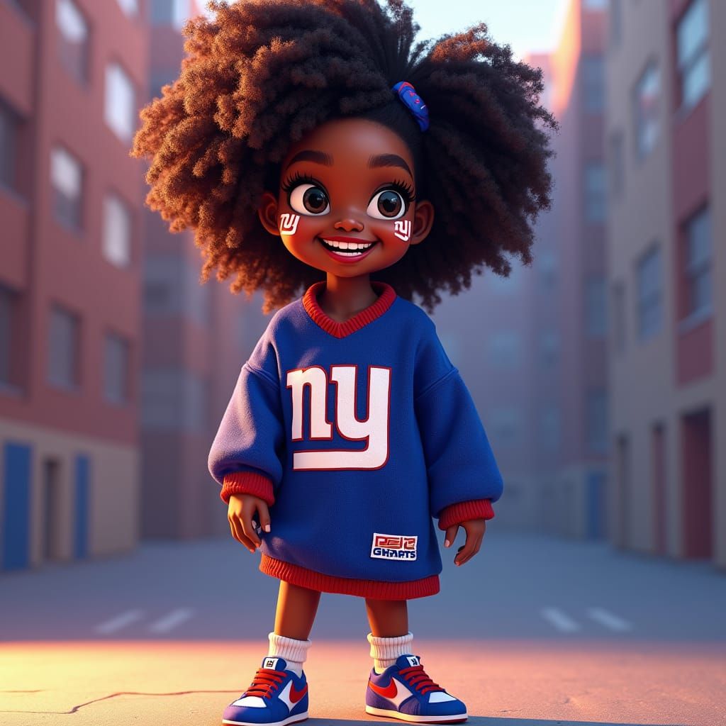 NY Giants Fan: Cartoon Girl in Digital Art Style