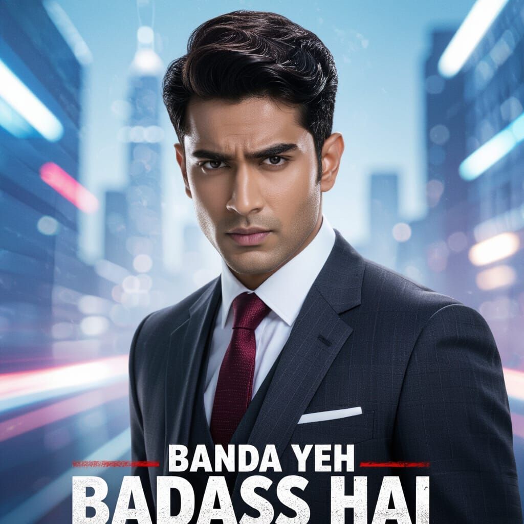 Handsome Indian Man in Futuristic Cityscape Movie Poster Sty...