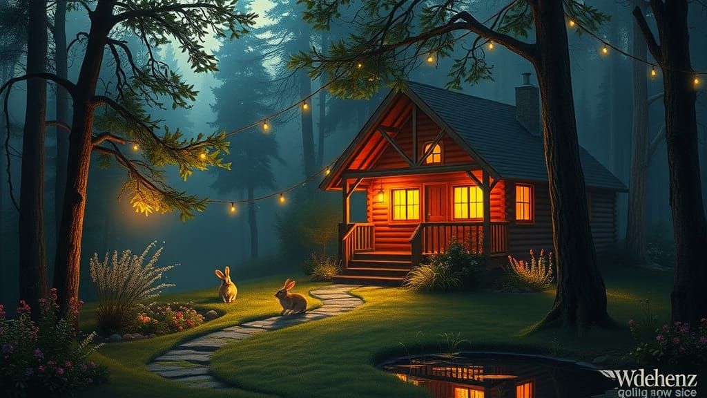 Cozy Rustic Cabin at Dusk in Whimsical Style