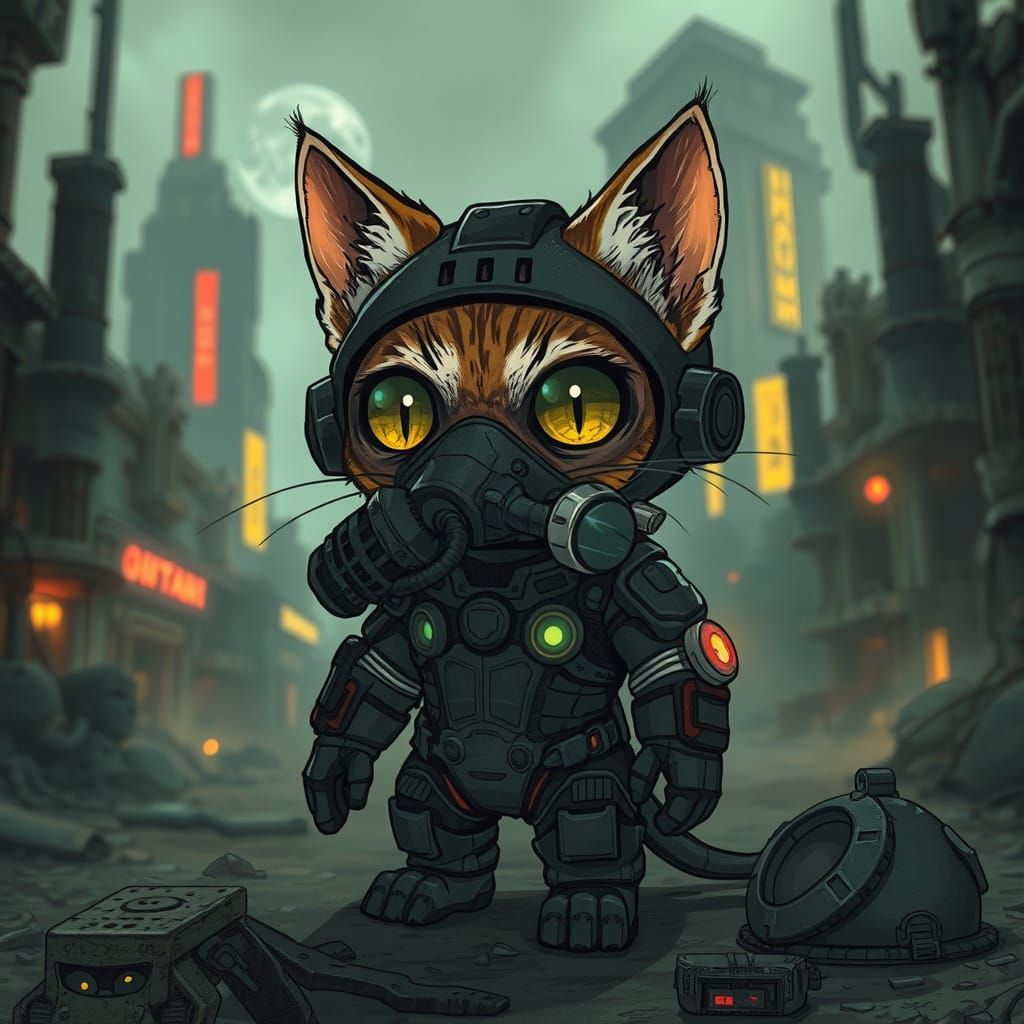 Chibi Cat in Apocalyptic City, Biomechanical Style