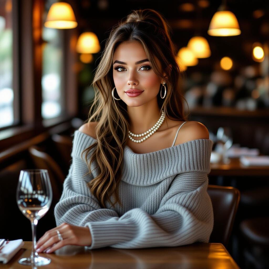 Woman in Gray Sweater and Pearl Necklace at Restaurant