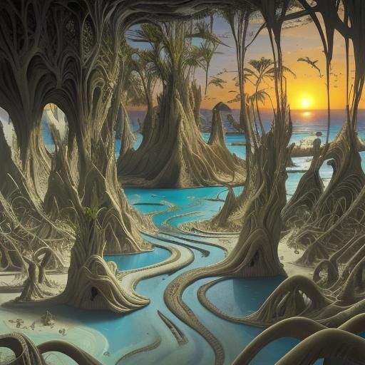 "16k resolution, art by H.R. Giger, Salvador Dali, surreal island oasis, biomechanical palm trees, melting sand dunes, a...