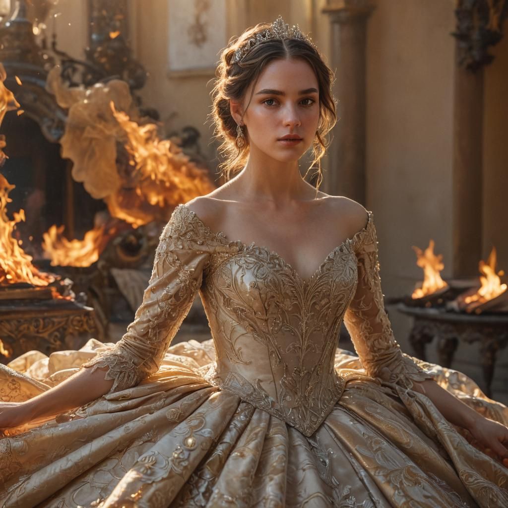 Woman in Burning Gown, Hyperrealistic Portrait