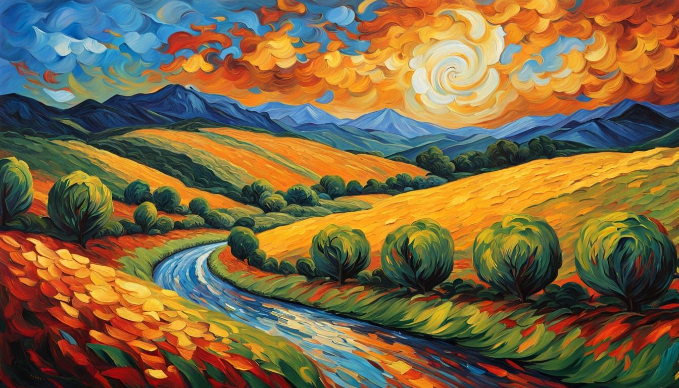 Vast River Valley Under Turbulent Sky in Van Gogh Style