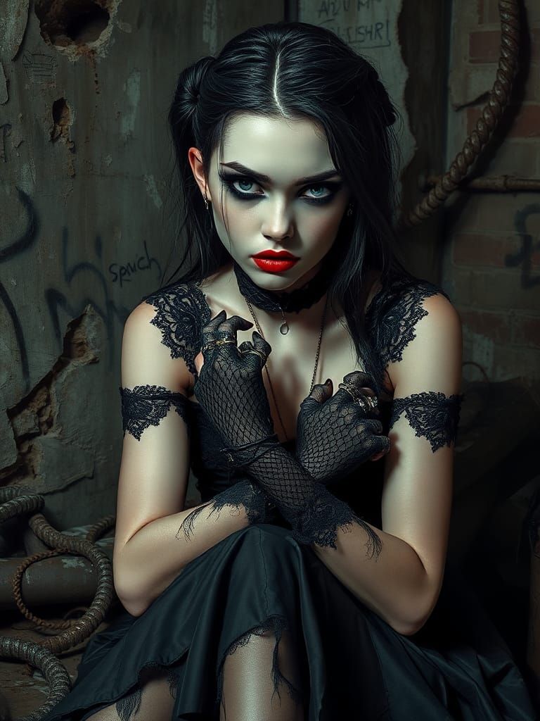 Gothic Girl in Dystopian Landscape, Inspired by Chiaroscuro