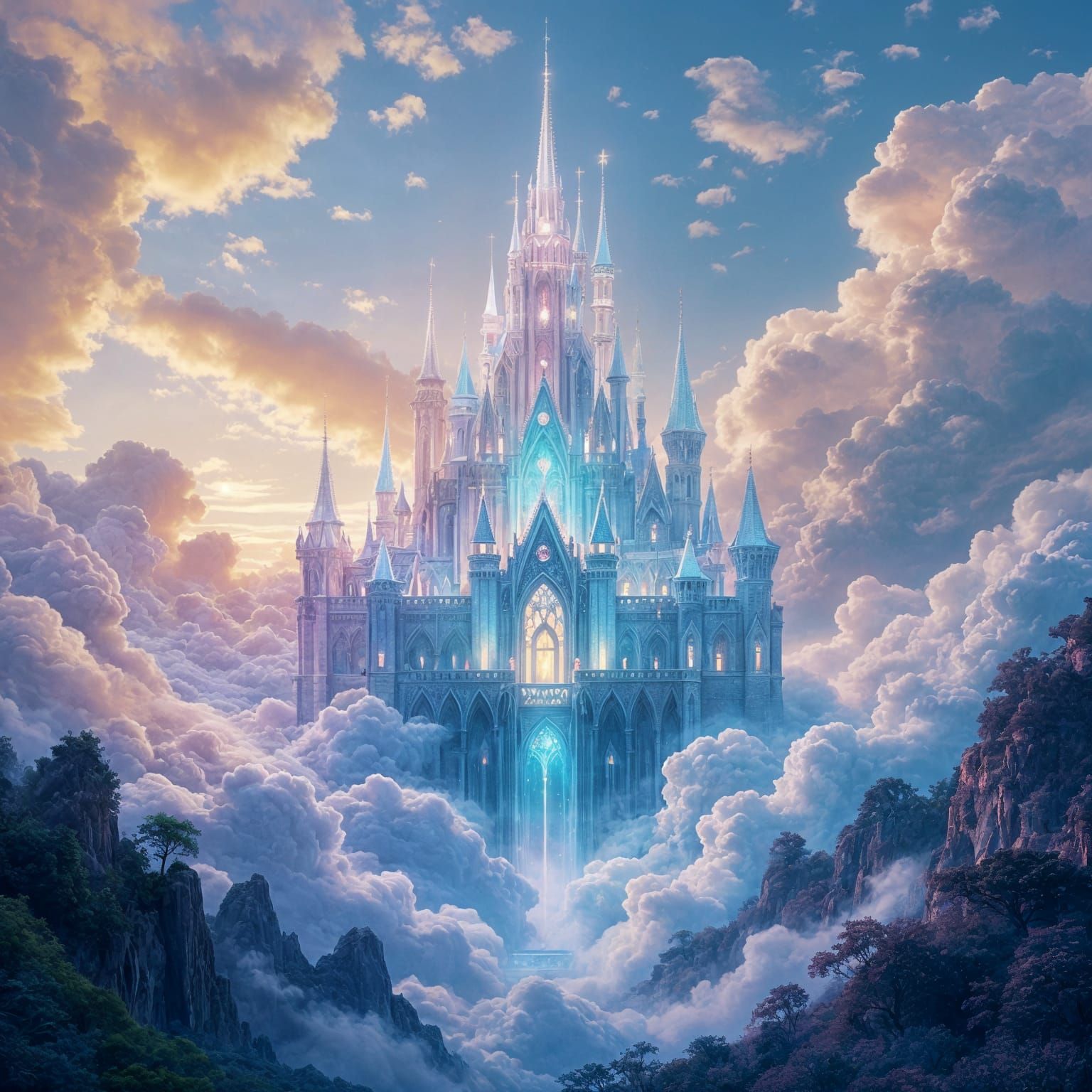 Crystal Castle Floats Above Prehistoric Land in Ethereal Lig...