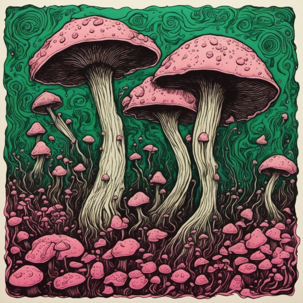 Intricate Ink Drawing: Shoe and Mushrooms