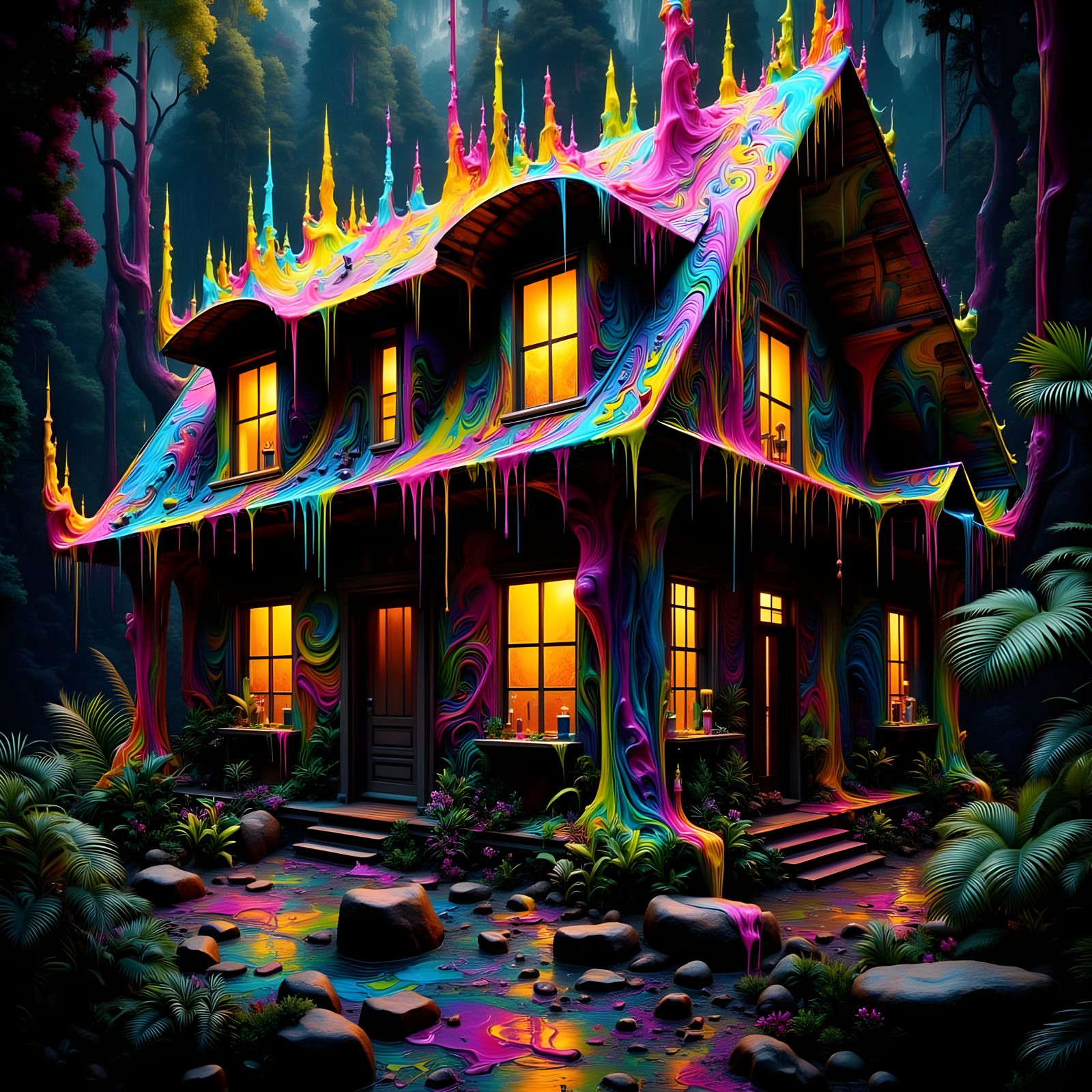 Jungle Shack with Neon Graffiti and Chemical Distortion