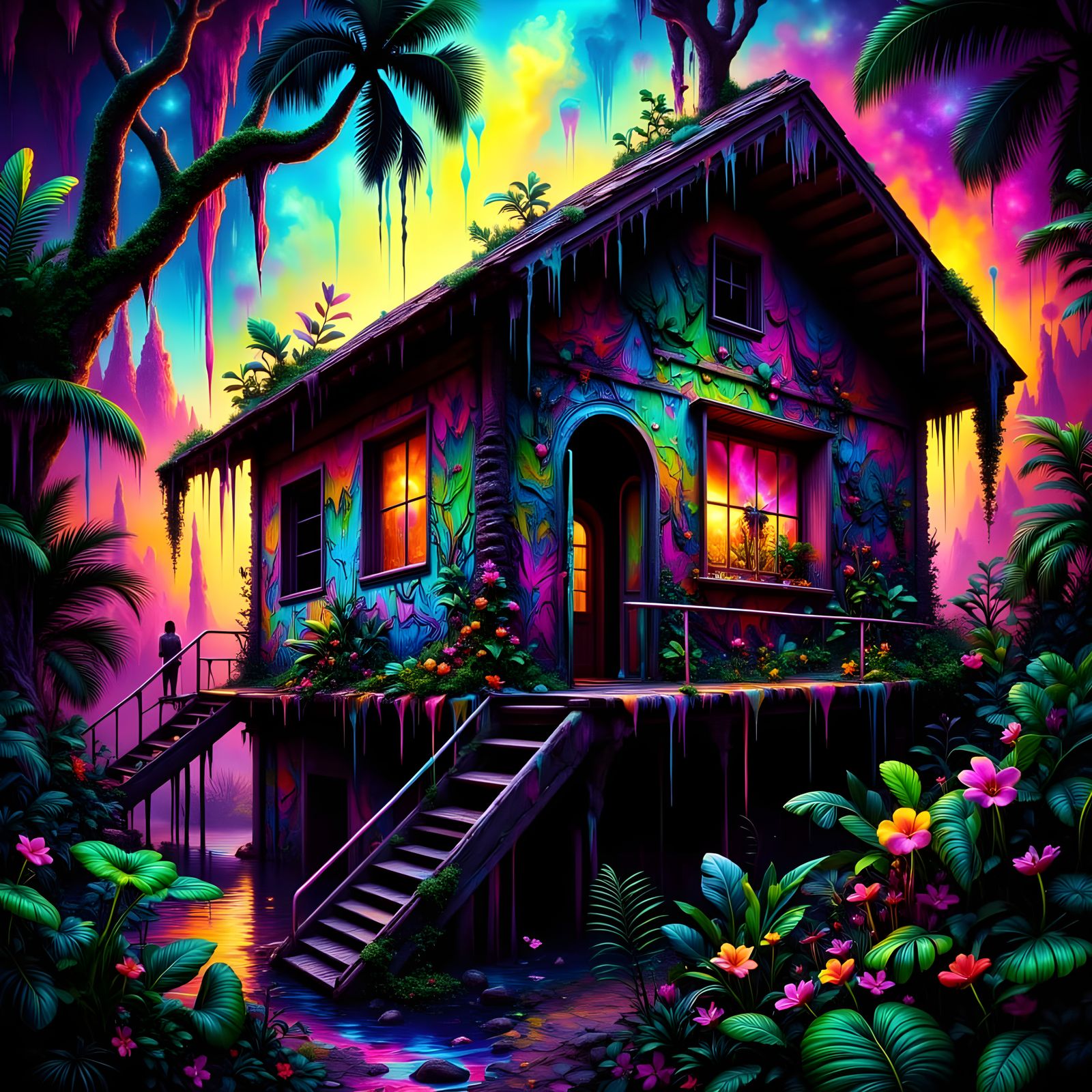Jungle Shotgun Shack with Neon Graffiti in Glitch Style
