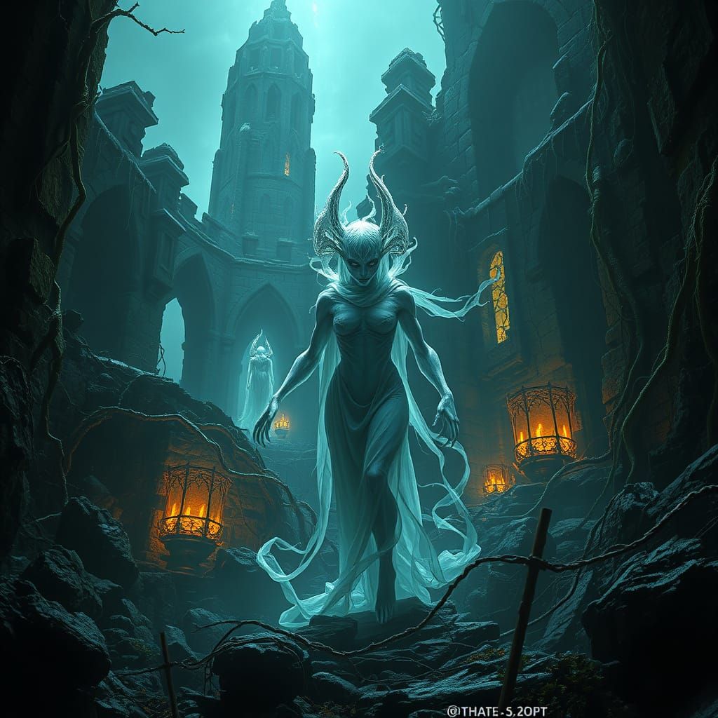 Spectral Spirit Emerges from Dark Ruins in Gothic Landscape