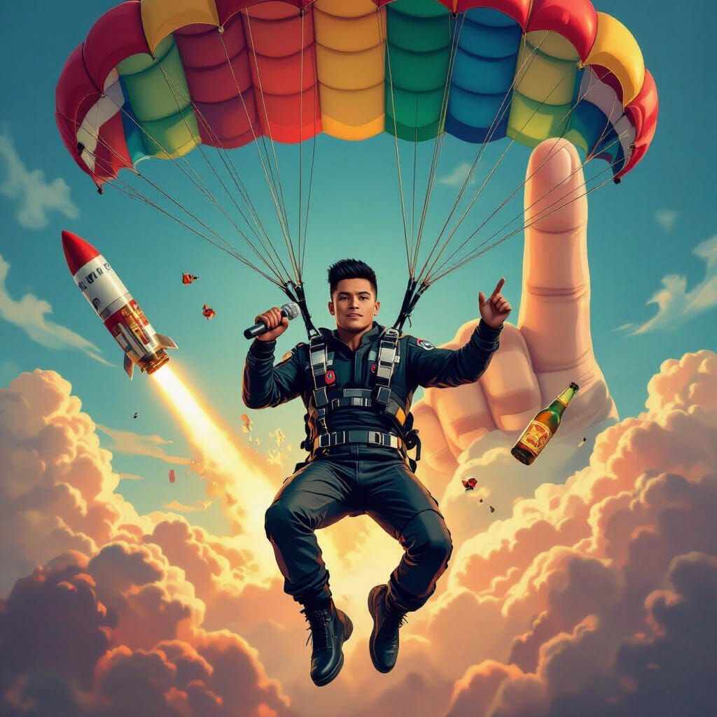 Parachuting Latino Man with Missile and Beer
