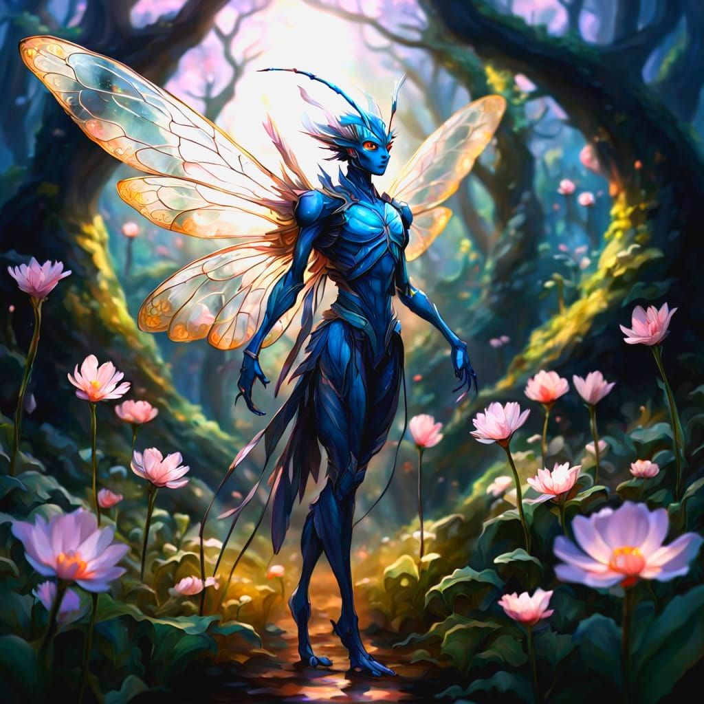Magical Insectoid in Floral Landscape: Watercolor Fantasy