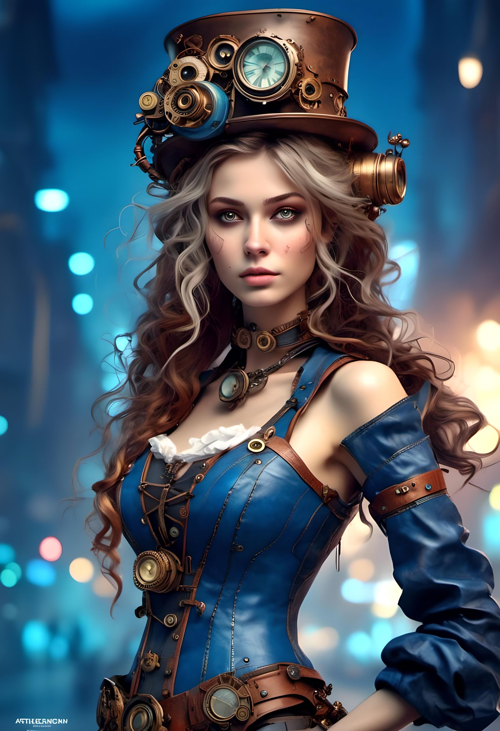 Steampunk Engine in Neon Blue Digital Art