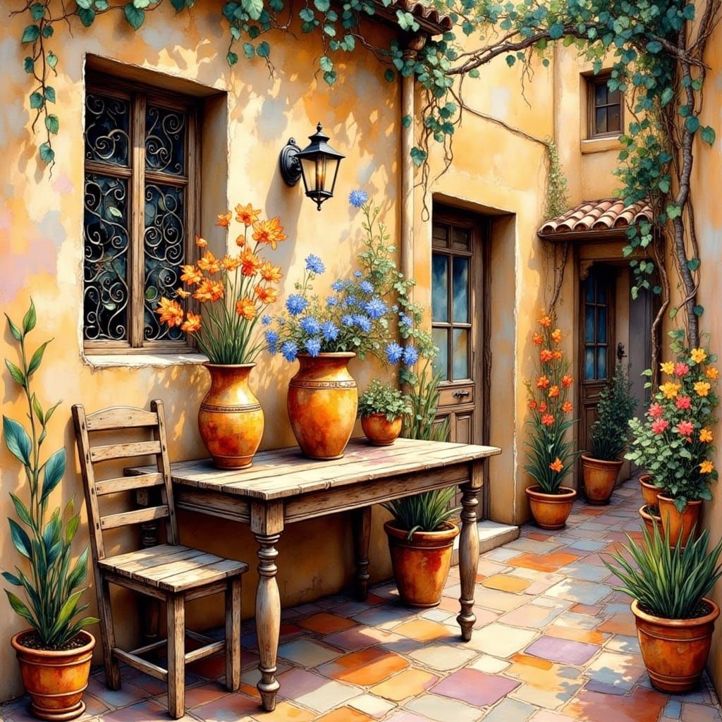 Courtyard Scene in Naive Art Style