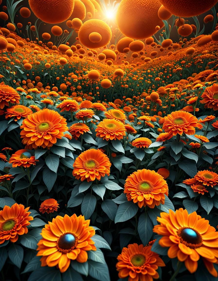 Psychedelic Orange Garden with Iridescent Gems