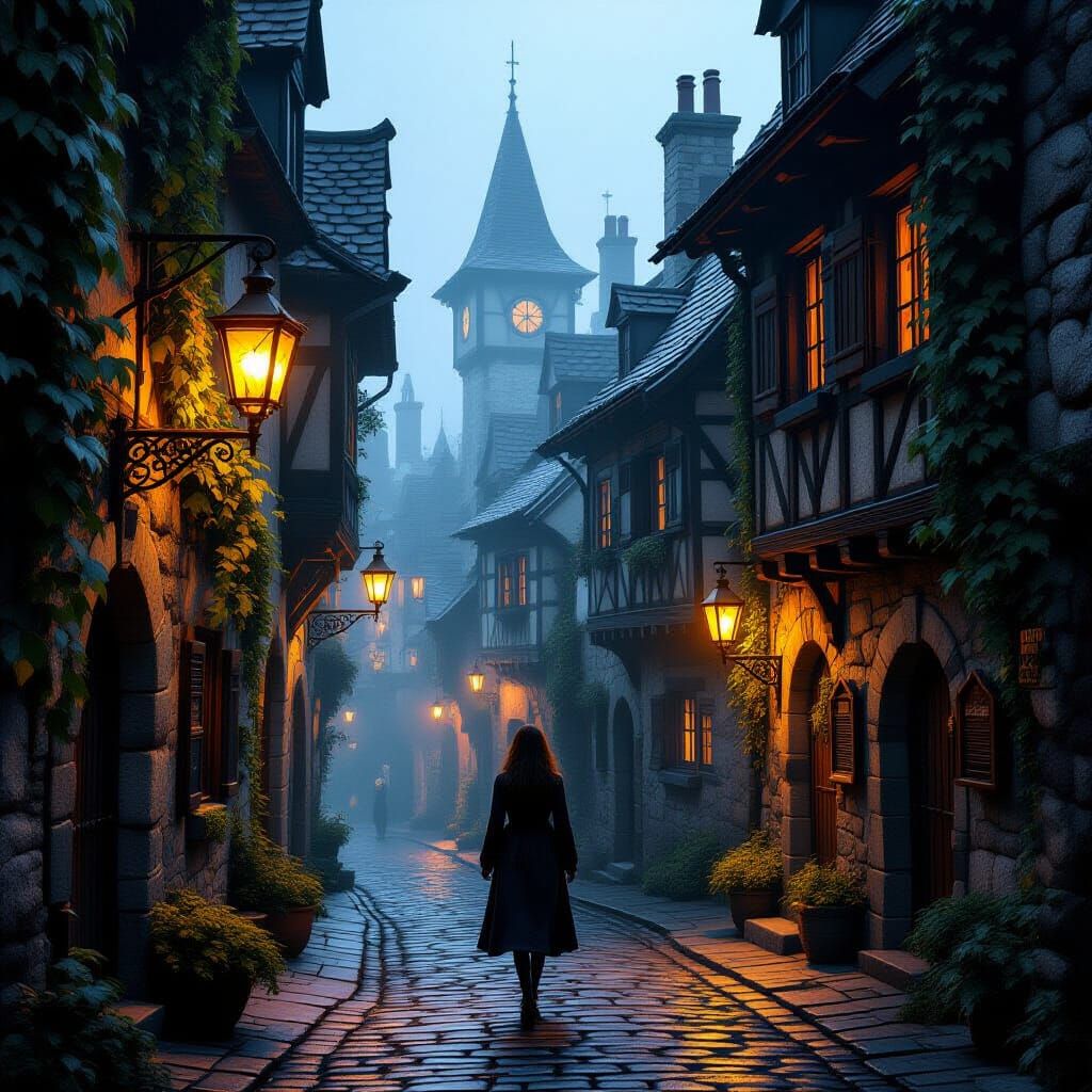 Medieval Alleyway with Lanterns and Taverns