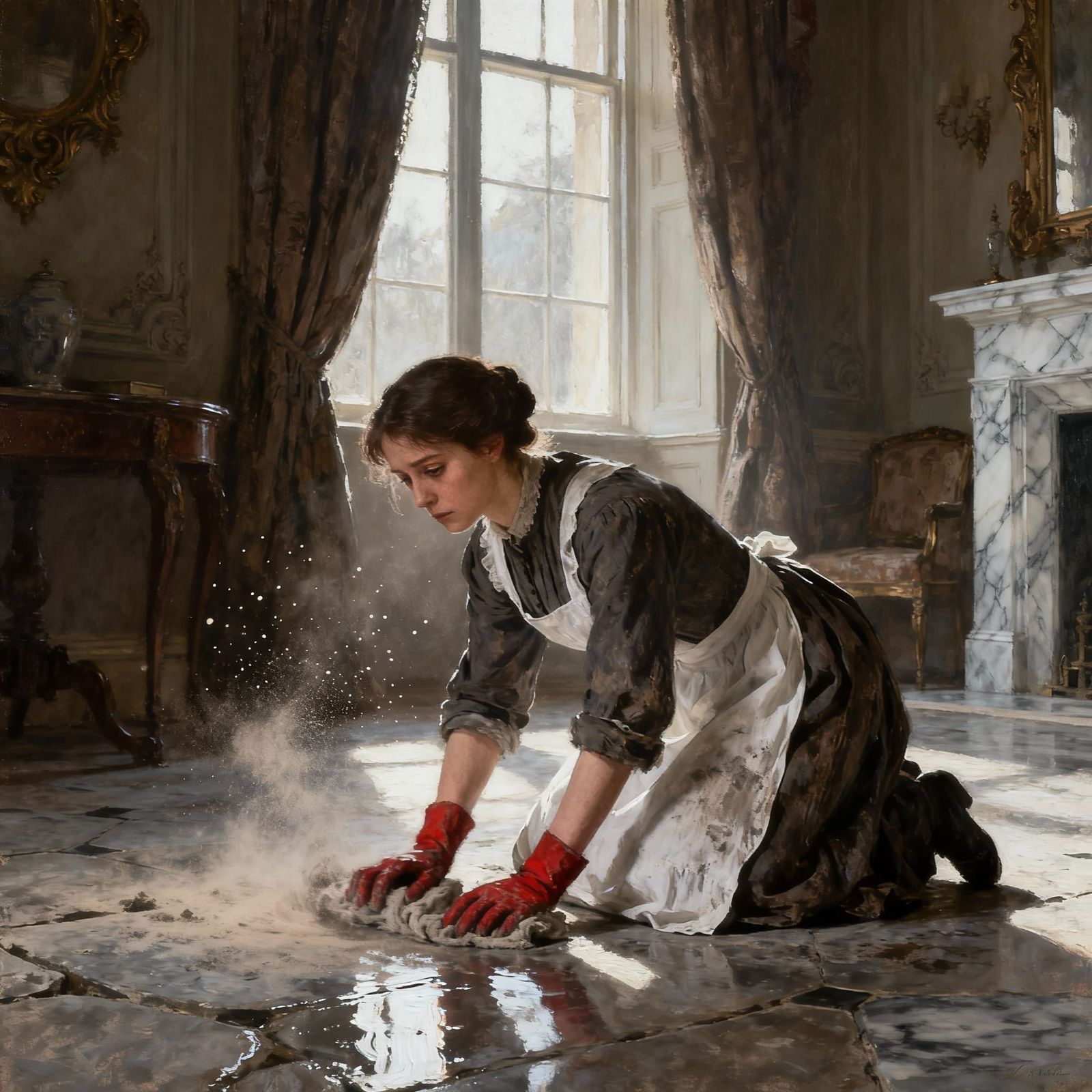 Victorian Maid Scrubbing Floor in Dim Light, Painterly Reali...