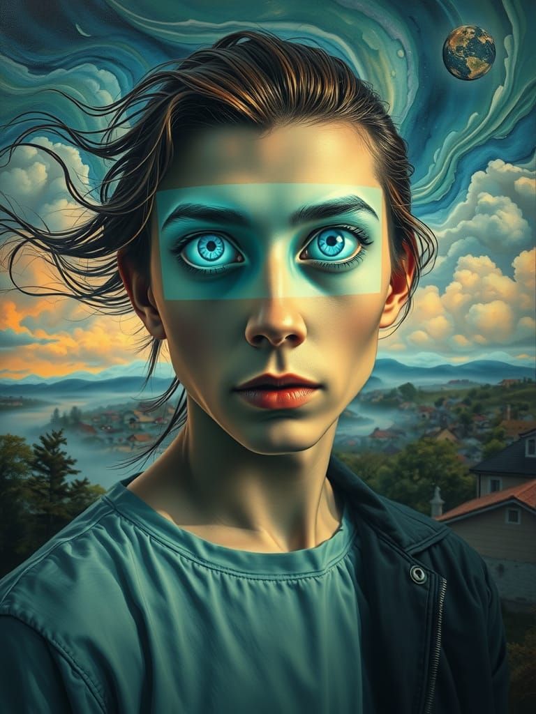 Surreal Portrait with Ethereal Eyes, Oil Painting Style