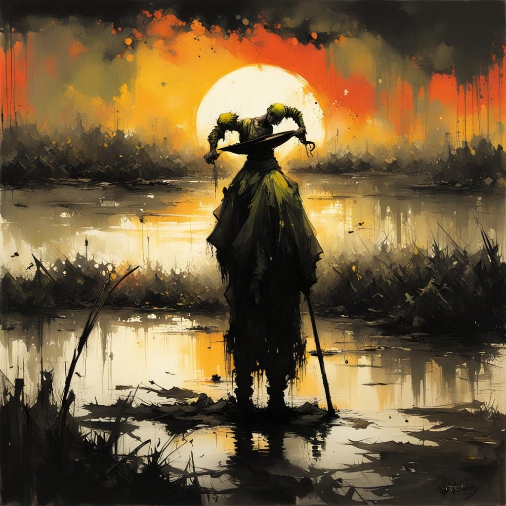 Scary Jester in Swamp at Sunset with Stippling