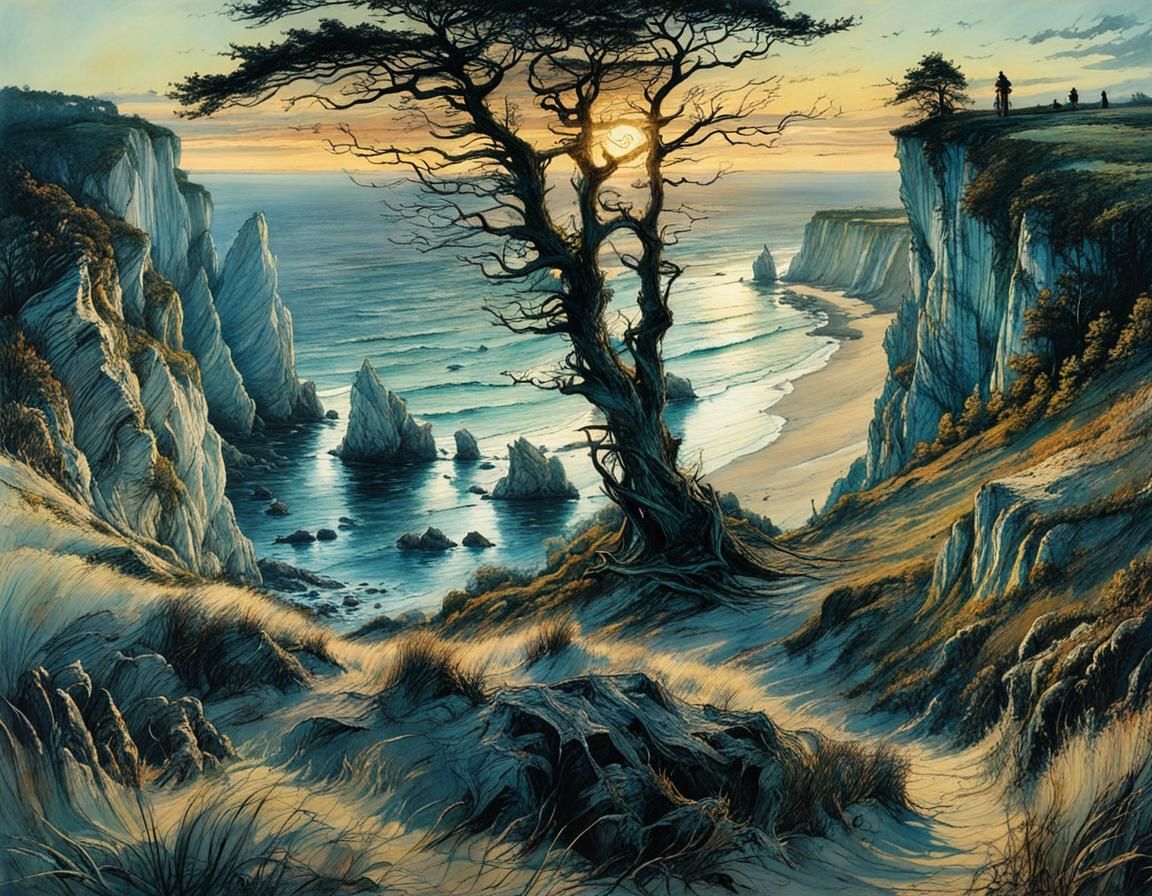 Rügen Chalk Coast at Sunset: Detailed Golden Age Illustratio...