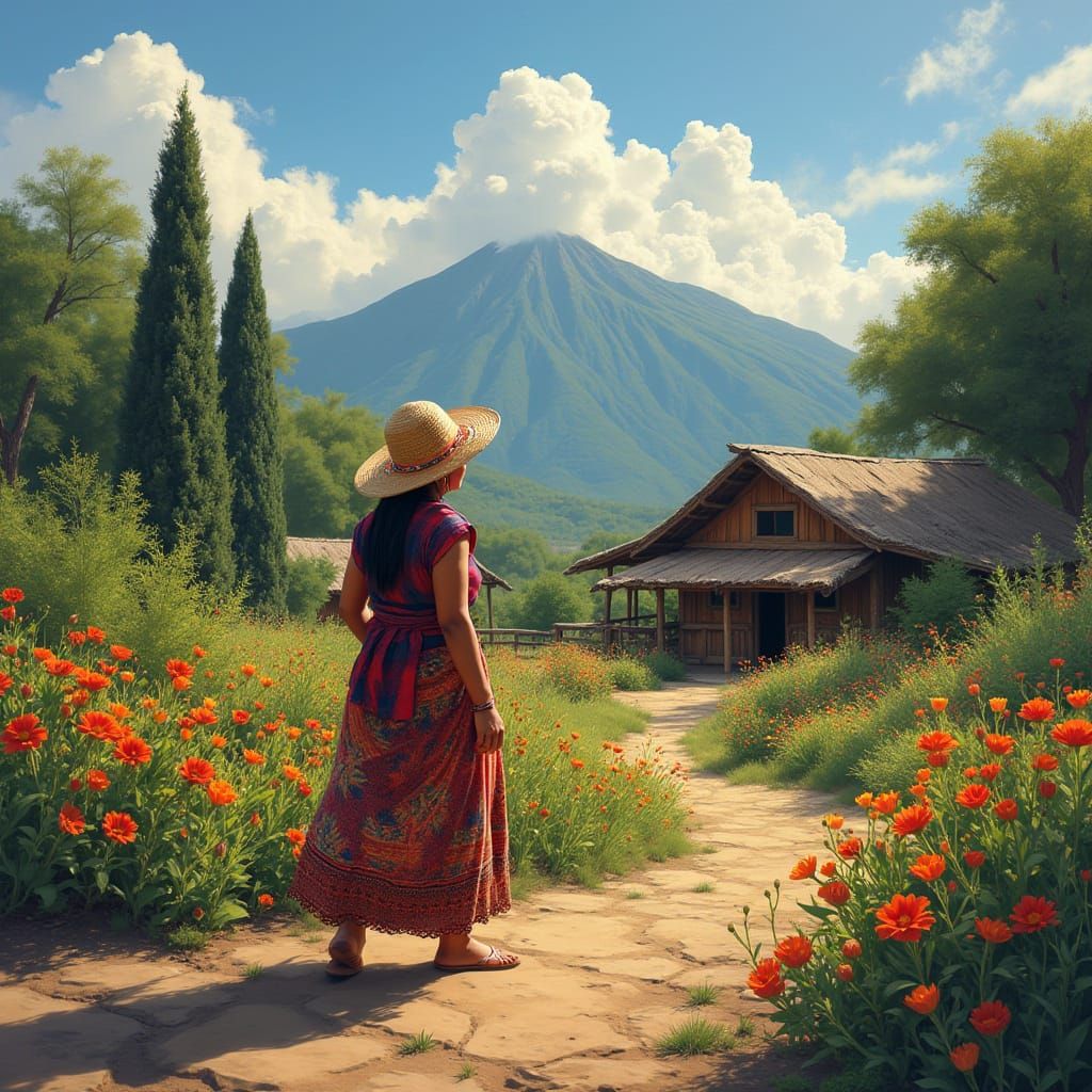 Mayan Woman in Lush Garden, Warm Earthy Tones