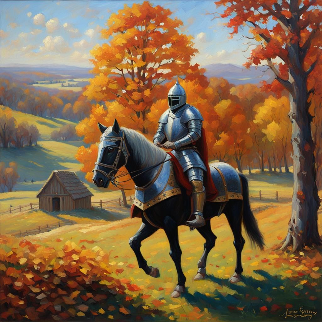 Medieval Knight in Autumn Light: Oil Painting