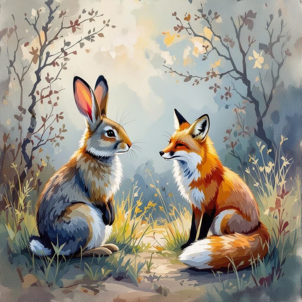 Wise Rabbit Convo with Sorrowful Fox in Impressionist Style