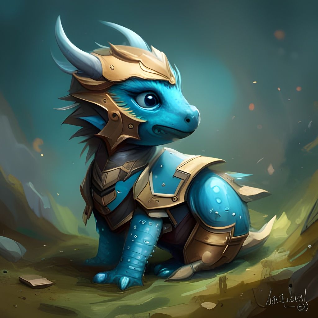 Adorable Armored Blue Dragon in Detailed Splash Art