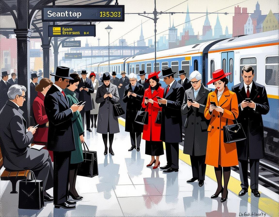 Monochrome Commuters Await Train, Lowry-esque Scene